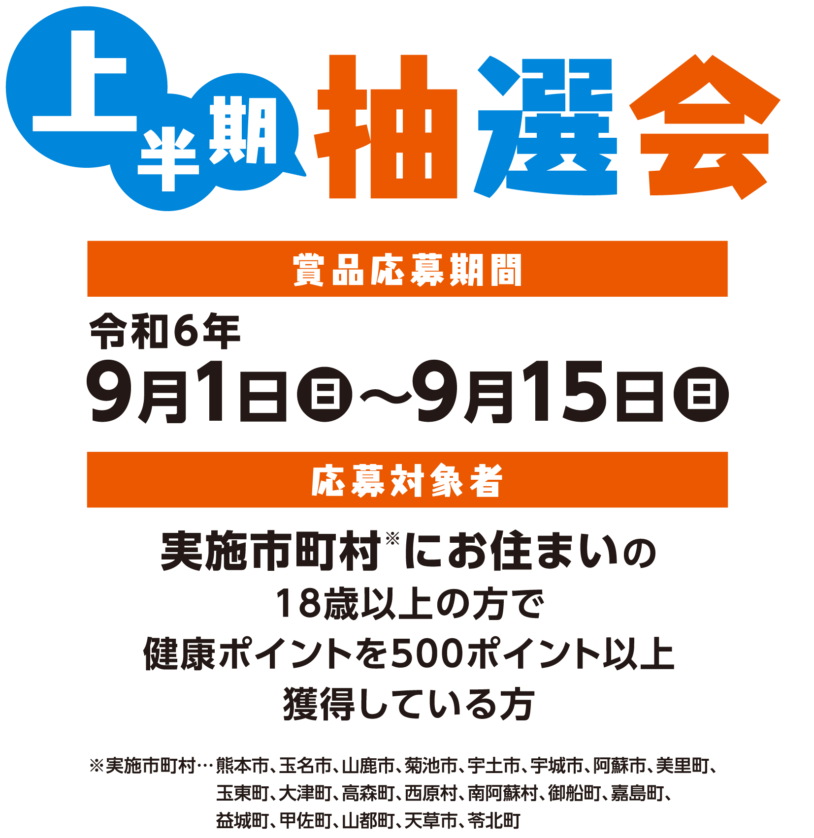 上半期抽選会　賞品応募期間：令和5年9月1日（日）〜9月15日（日）　応募対象者：連携市町村にお住まいの18歳以上の方で健康ポイントを500ポイント以上獲得している方