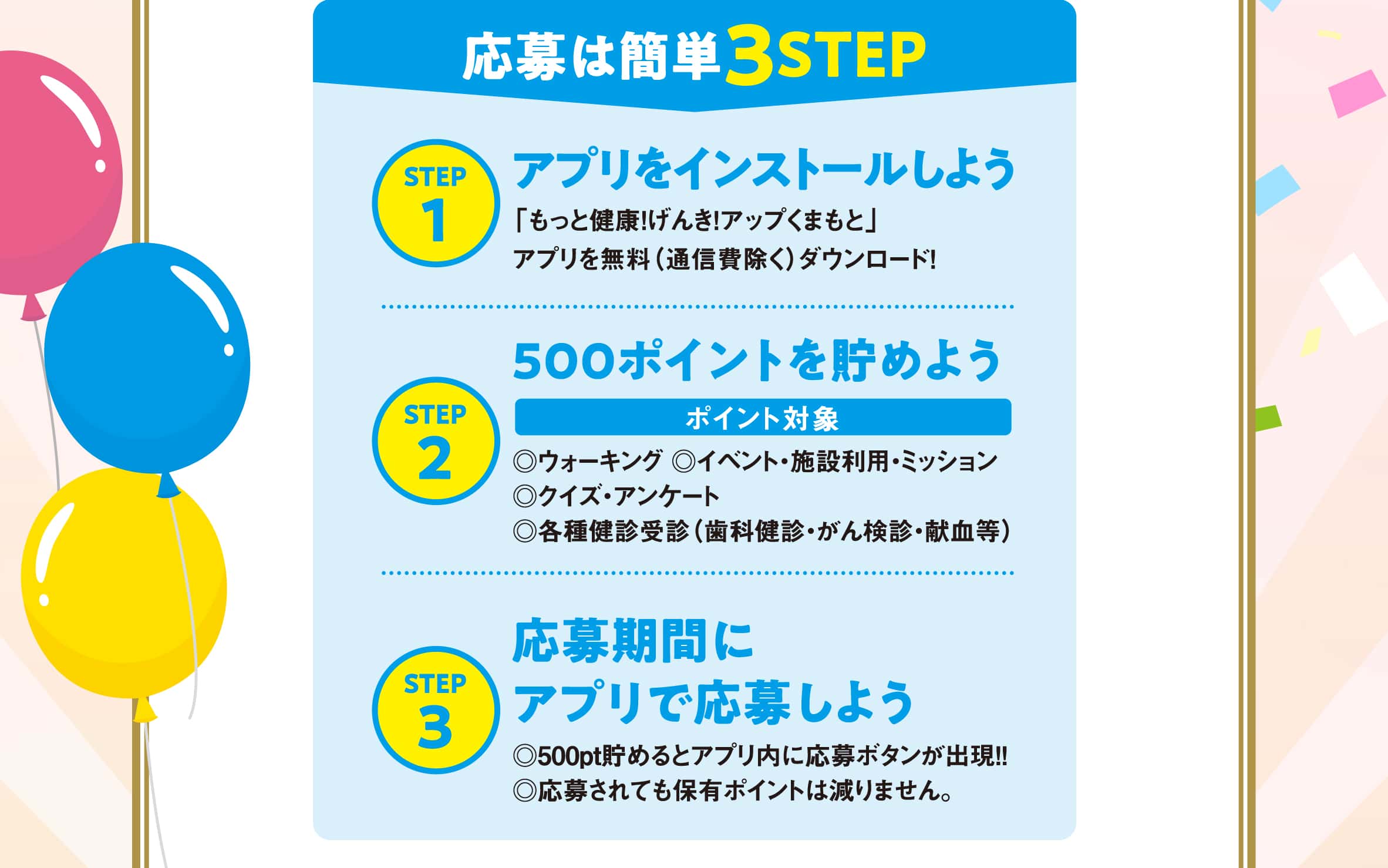 応募は簡単３STEP、STEP1：アプリをインストールしよう、STEP2：500ポイントを貯めよう、STEP3：応募期間にアプリで応募しよう
